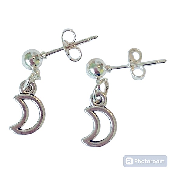Hand Crafted Jewelry - 925 sterling silver plated small tiny ball stud half moon charm earrings